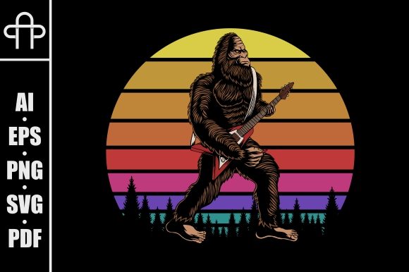 Bigfoot Play Guitar Sunset Retro