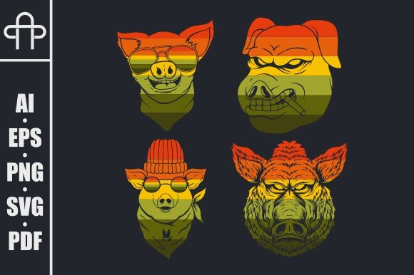 Pig Collection Retro Vector Illustration